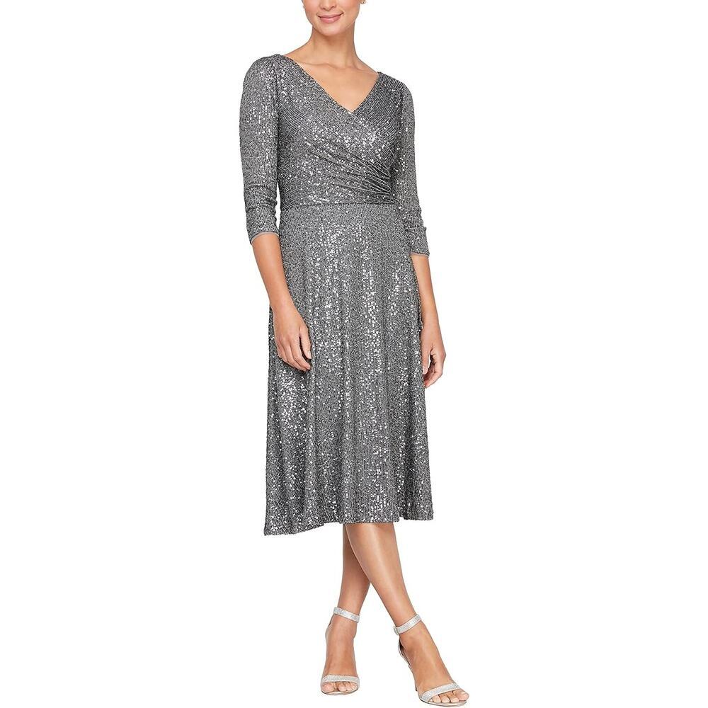 Alex Evenings Sequin Midi Cocktail And Party Dress Gray Charcoal Size 14w Nwt